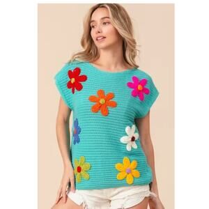BiBi Blue Teal Floral Crochet Knit Short Sleeve Sweater Top Sz M